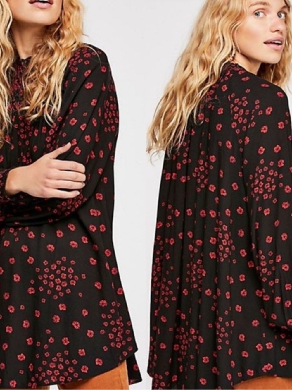 Free People Flowers In Her Hair Boho Tunic Black Red Floral Print Small Bohemian